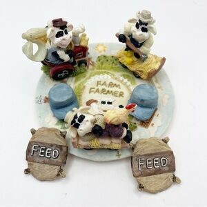 Vintage 1994 Popular Imports Farmer Resin Miniature Set Cows Chicken Made in USA